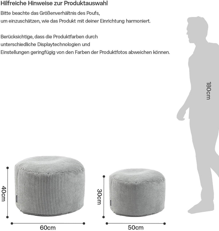 mokebo® Pouf, Hocker o. Sitzhocker aus Cord 40x60 cm 'Der Faule Lenz', Bodenkissen rund in Grau, Fus