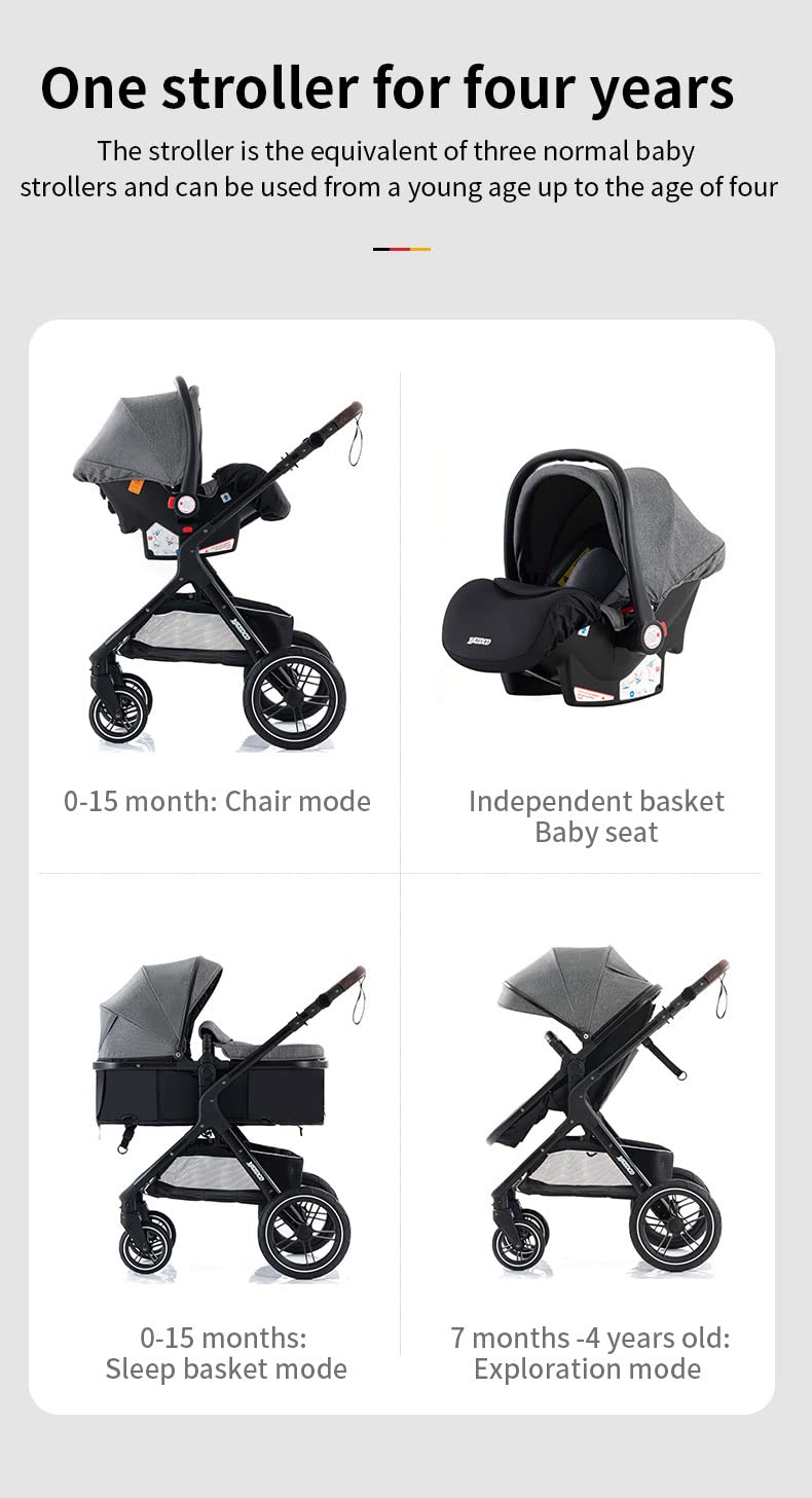 YAZOCO kinderwagen 3 in 1, Zusammenklappbar kinderwagen mit Wickeltasche,Komplettset Becherhalter,Mo