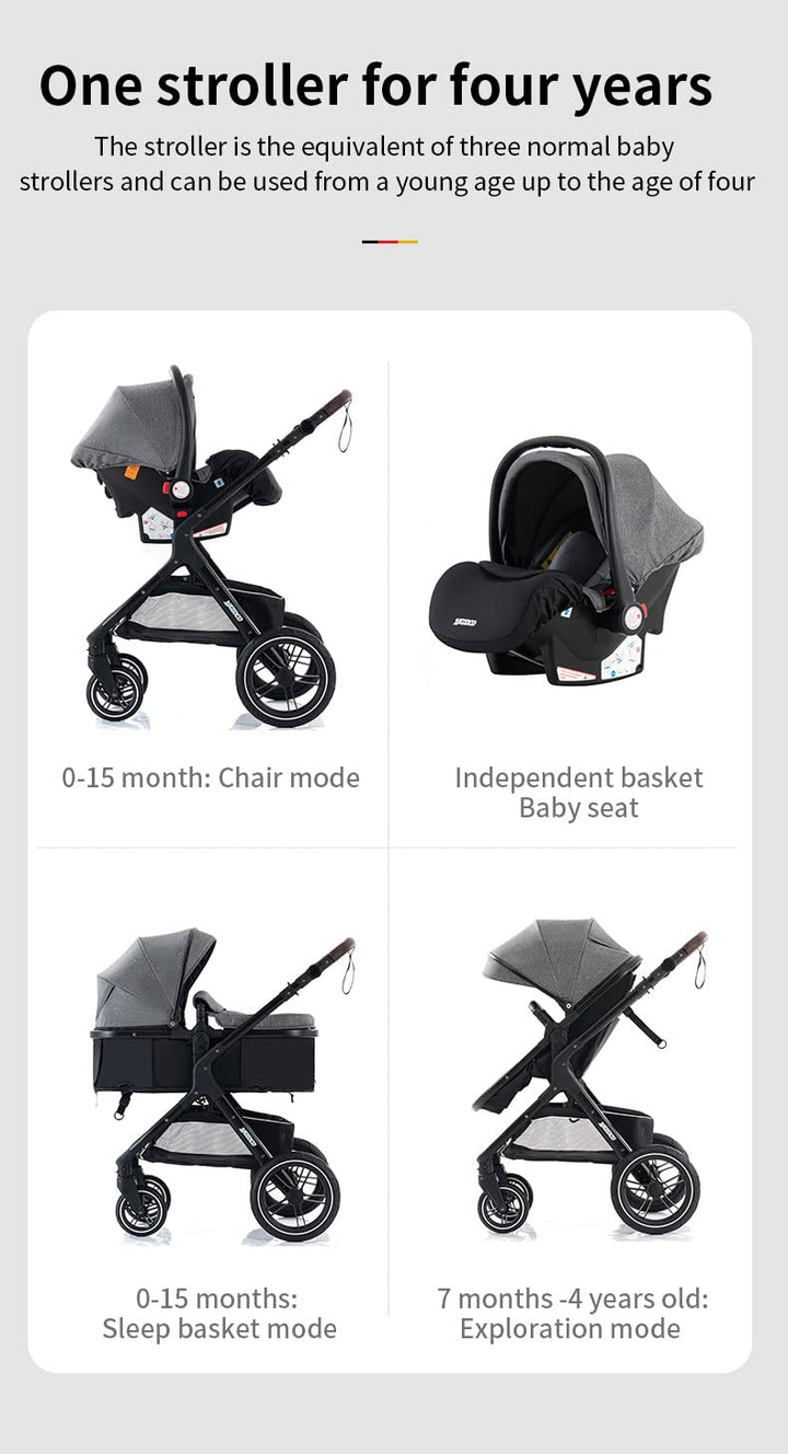 YAZOCO kinderwagen 3 in 1 Buggy Babybett Komplett Set Einem Klick Zusammenklappbarer Kinderwagen, Ko