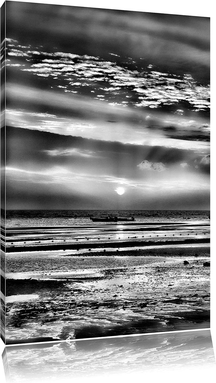 Pixxprint Sonnenaufgang über Meer / 100x70cm Leinwandbild bespannt auf Holzrahmen/Wandbild Kunstdruc