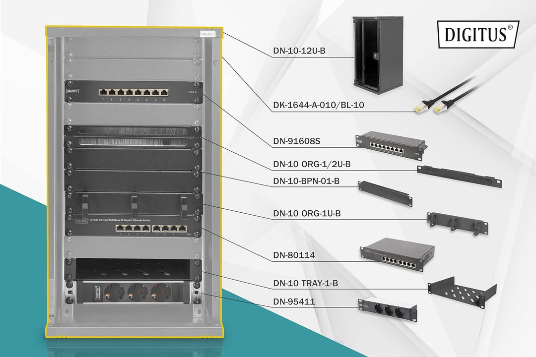 DIGITUS 10-Zoll Set - Netzwerk-Schrank 12HE Schwarz - Fachboden - Steckdosenleiste - 8-Port Patch-Pa