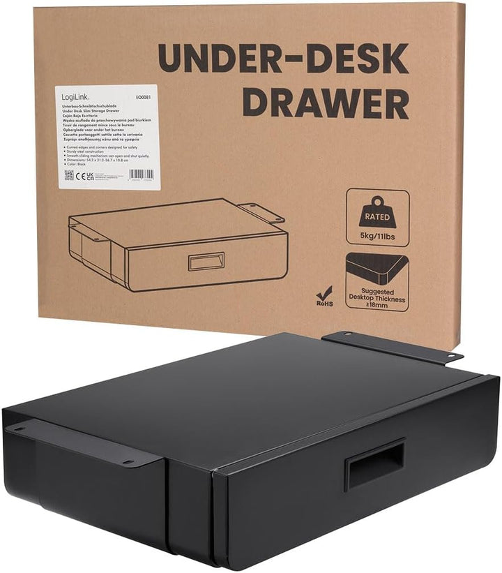LogiLink EO0081 - Unterbau-Schreibtischschublade, bis 5 kg, Untertischmontage, Schwarz