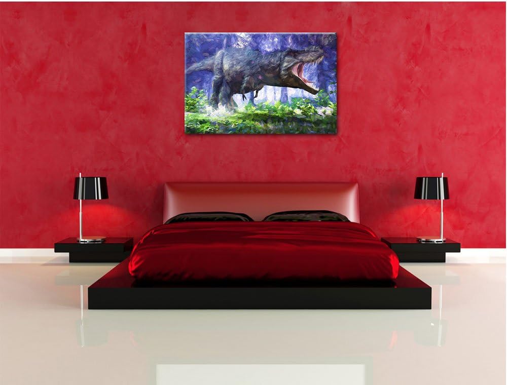 Pixxprint T-Rex Dinosaurier im Wald Kunst / 100x70cm Leinwandbild bespannt auf Holzrahmen/Wandbild K