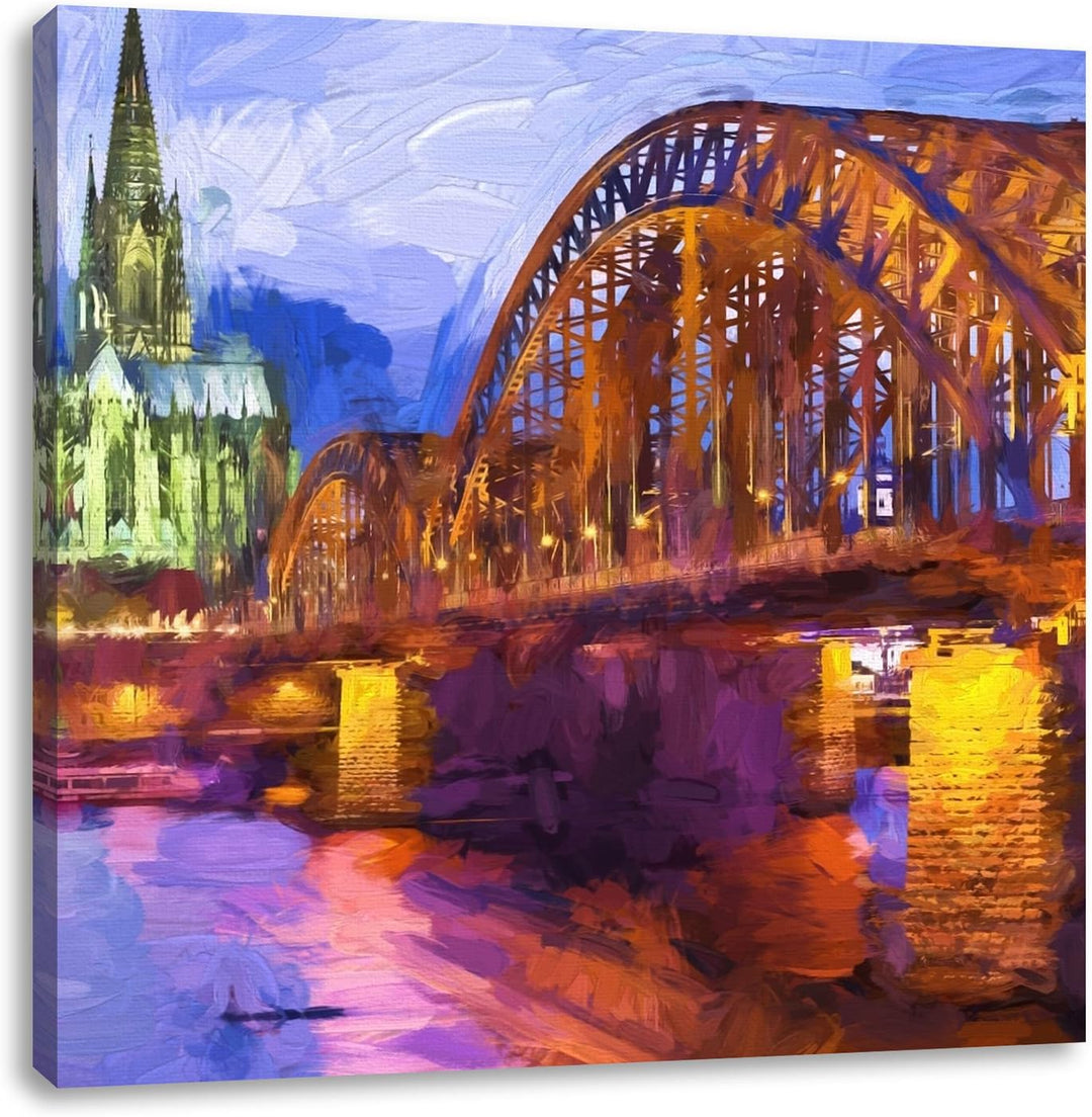 Brücke bei Nacht, Format: 70x70 auf Leinwand, XXL riesige Bilder fertig gerahmt mit Keilrahmen, Kuns