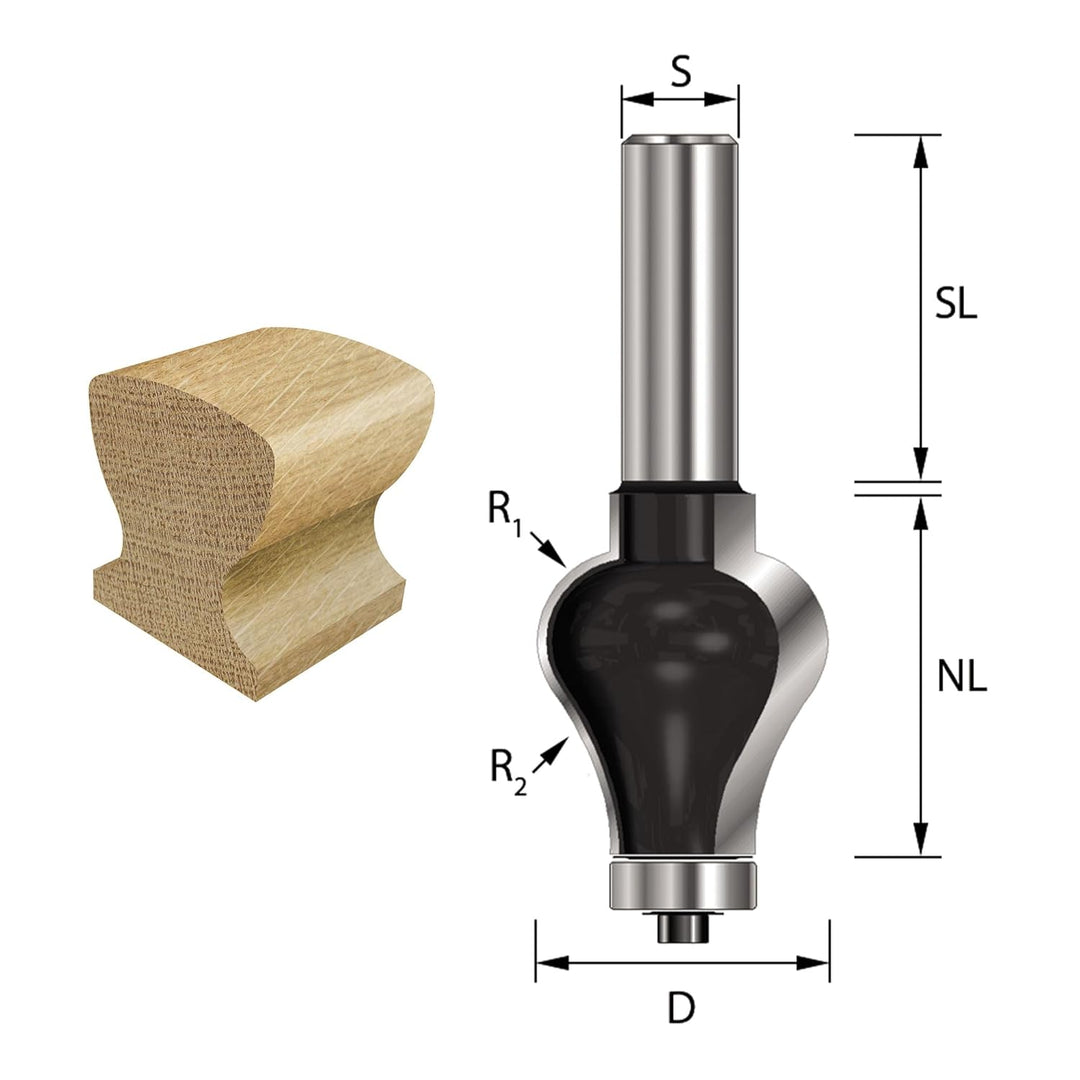 ENT 16770 Handlauf-Fräser Profil 2 HW, Schaft (S) 12 mm, Durchmesser (D) 31,8 mm, NL 38,1 mm, R1 9,5
