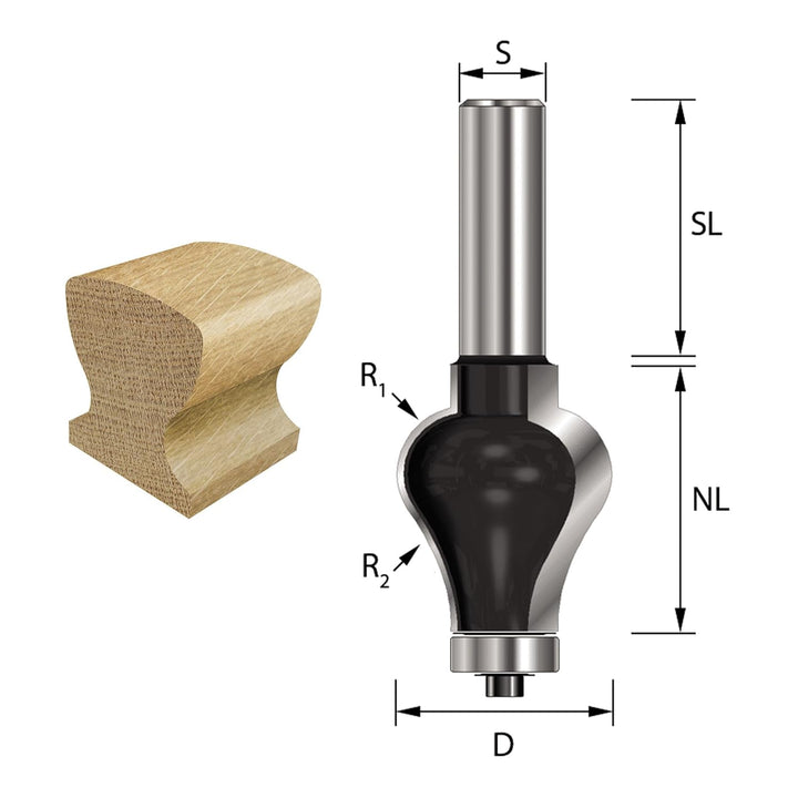 ENT 16770 Handlauf-Fräser Profil 2 HW, Schaft (S) 12 mm, Durchmesser (D) 31,8 mm, NL 38,1 mm, R1 9,5