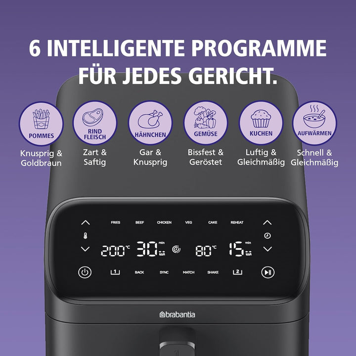 Brabantia Double Stack Airfryer XXL, 10 L, 2 Vertikale Schubladen, PFAS-frei, Heissluftfritteuse, 6