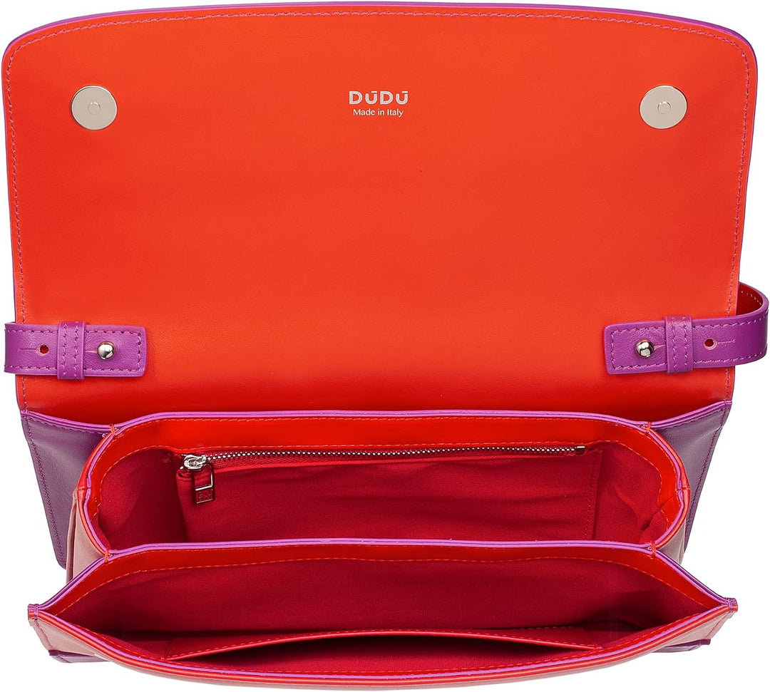 DUDU Damen-Lederumhängetasche, Made in Italy, Elegantes Design, Feste Handtasche mit Klappe und 3 Fä