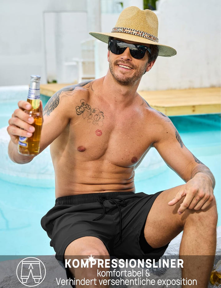 KBVOT Badehose Herren mit Kompression Liner Schnelltrocknend Badeshorts Männer Kurz Boardshorts Schw