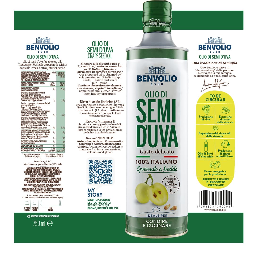 Traubenkernöl Kaltgepresst 100% Italienische - Benvolio 1938 750 ml - Reich an Vitamin E und Omega 6