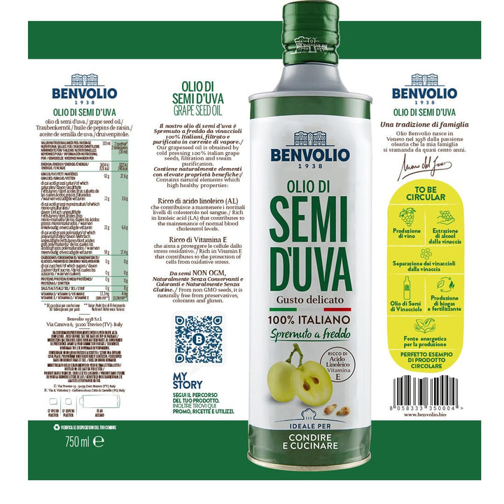 Traubenkernöl Kaltgepresst 100% Italienische - Benvolio 1938 750 ml - Reich an Vitamin E und Omega 6