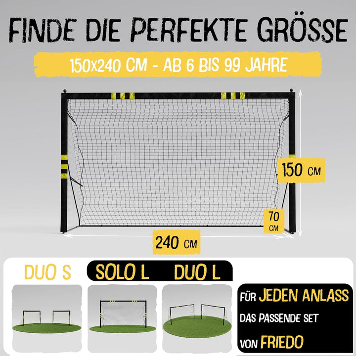 FRIEDO Pop-up Fussballtor Kinder inkl Tragetasche I 120x90cm-150x240cm I EN71 & CE-geprüft I Rostfre