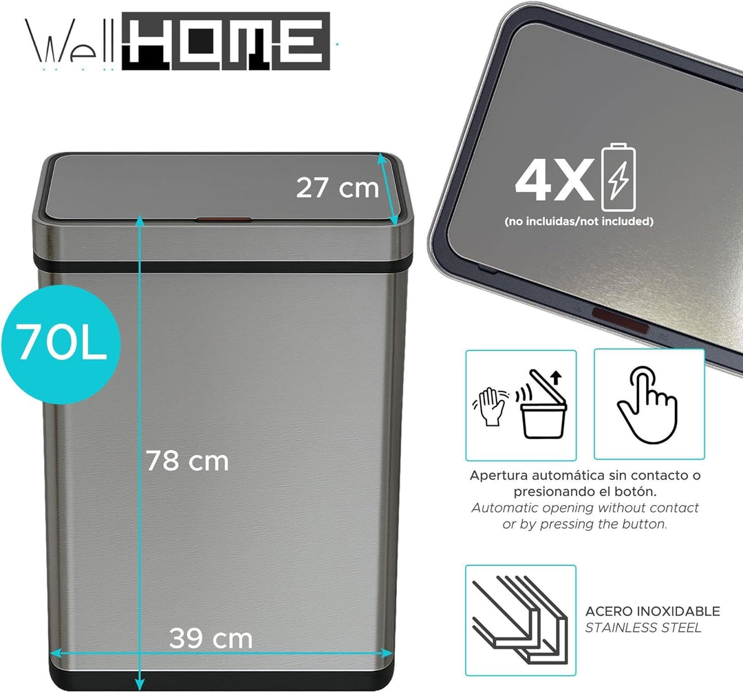 Well Home Abfallbehälter, 70 l, Metallic, Edelstahl, mit automatischem Sensor und Geruchsfilter, H.