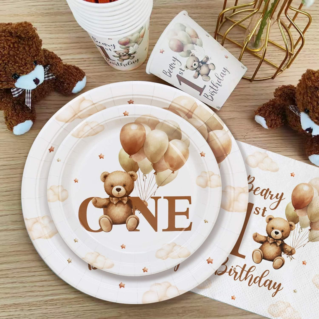 1. Geburtstag Junge Partygeschirr set für 25 Gäste, 100pcs Teddybär wiederverwendbare Pappteller für