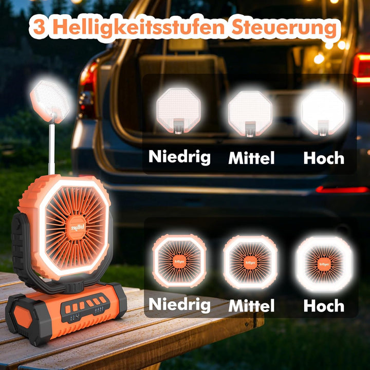 Outdoor Camping Ventilator mit Licht, 20000mAh Akku, wiederaufladbarer tragbarer Ventilator mit Fern