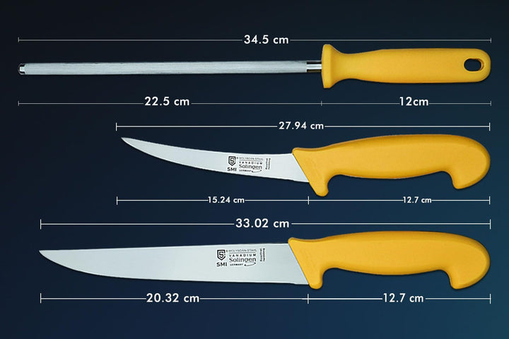 SMI 3 Stück Küchenmesser Set Solingen Metzgermesser Wetzstahl Ausbeinmesser Fleischermesser Kochmess