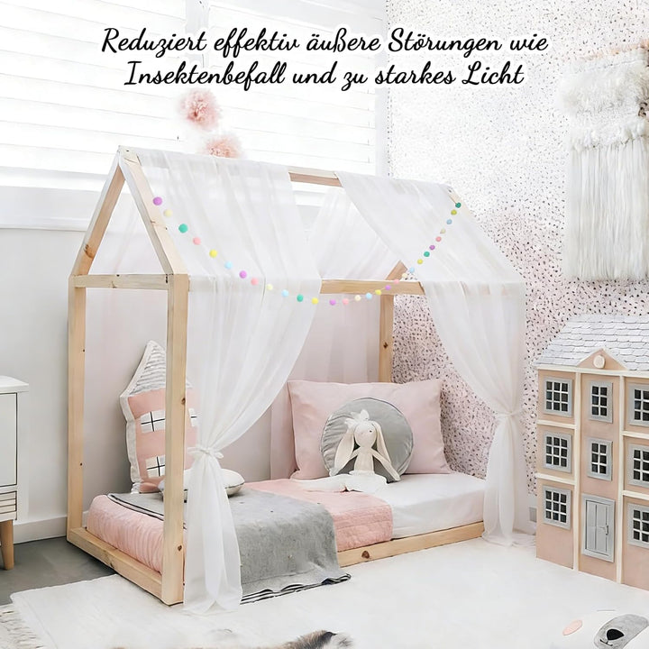 2 Stück Hausbett Himmel für Kinderbett, 160x350cm mit Farbiger Pompon-Girlande & Befestigungsbändern