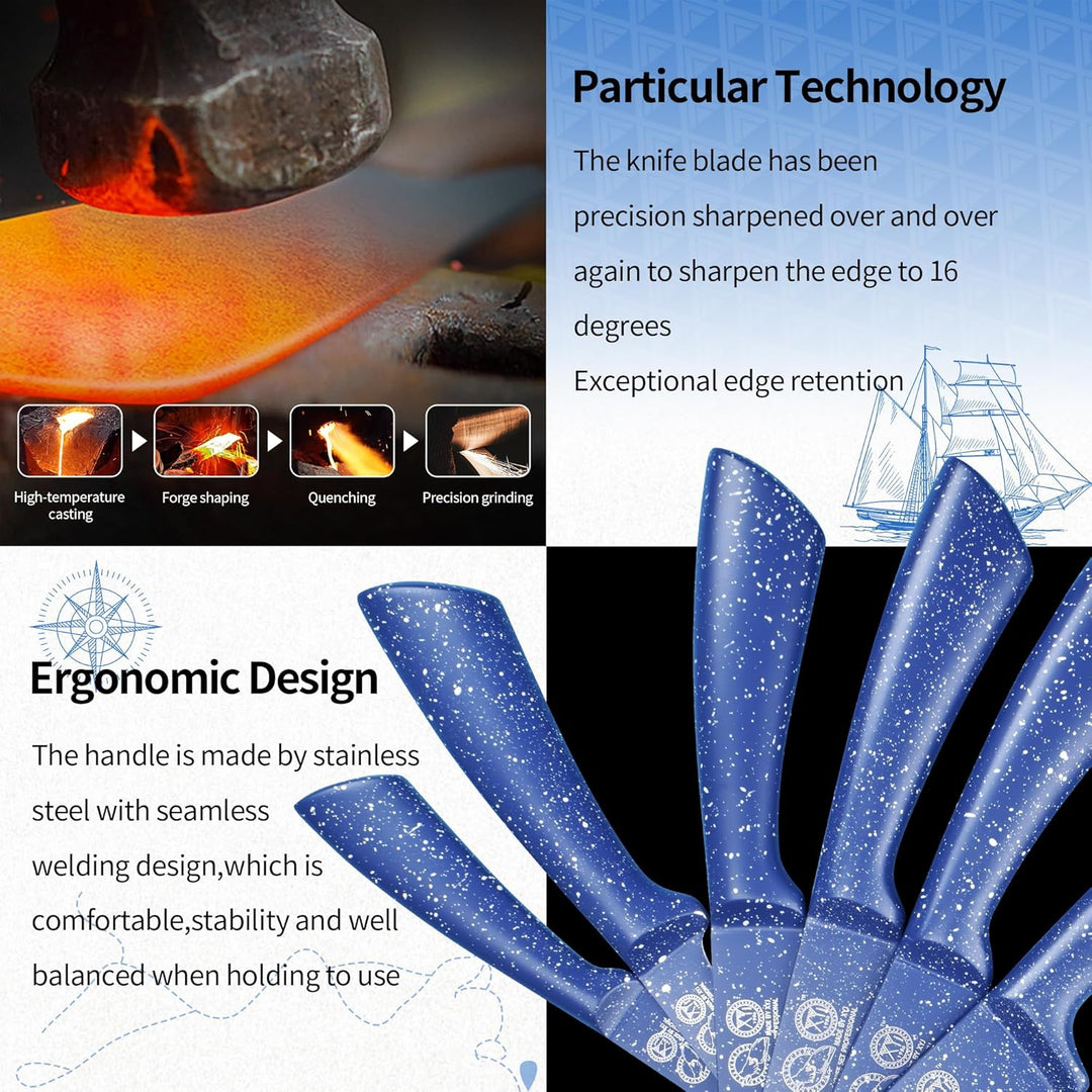 XYJ Authentic Since 1986, Kitchen Knife Block Set, Stainless Steel Knives Set With Knife Holder, Blu