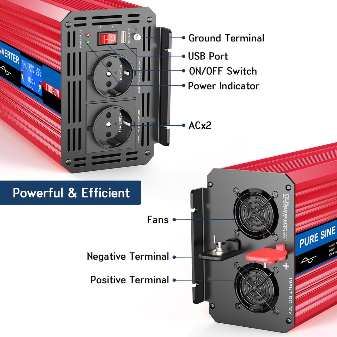 ETREPOW 1500w Wechselrichter 12v Auf 230v Reiner Sinus Spannungswandler mit 2 EU-Steckdose und Einer