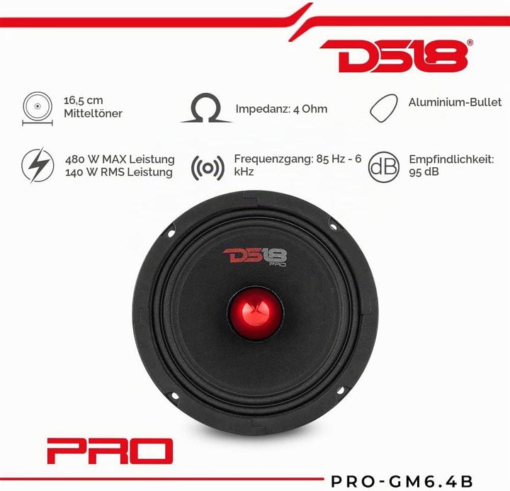 DS18 PRO-GM6.4B – 6,5" midrange, rote Aluminiumkugel, max 480 W, 4 Ohm, 1,5 Zoll Kapton VC Premium-A