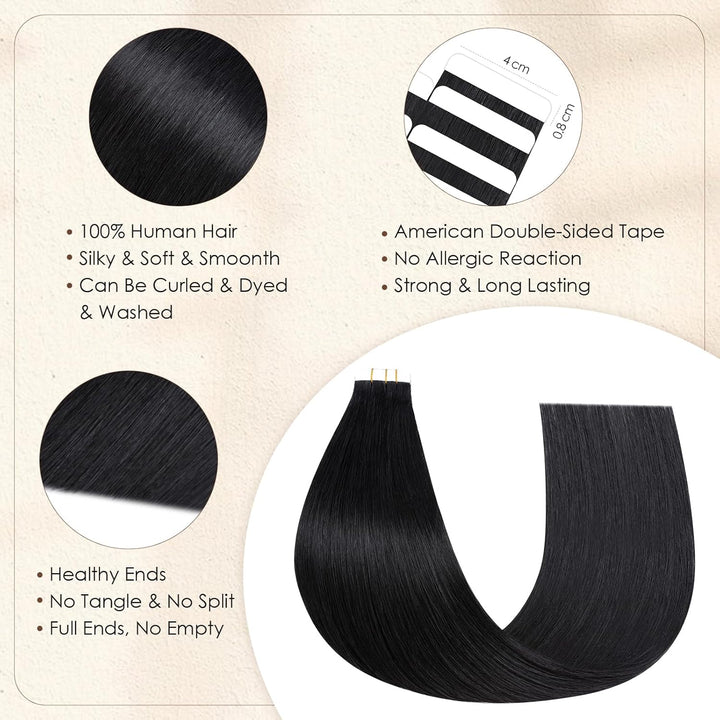 Elailite Tape Extensions Echthaar #1 Schwarz, 10 Stück Unsichtbar Kleber Haarverlängerungen 20g, 25c