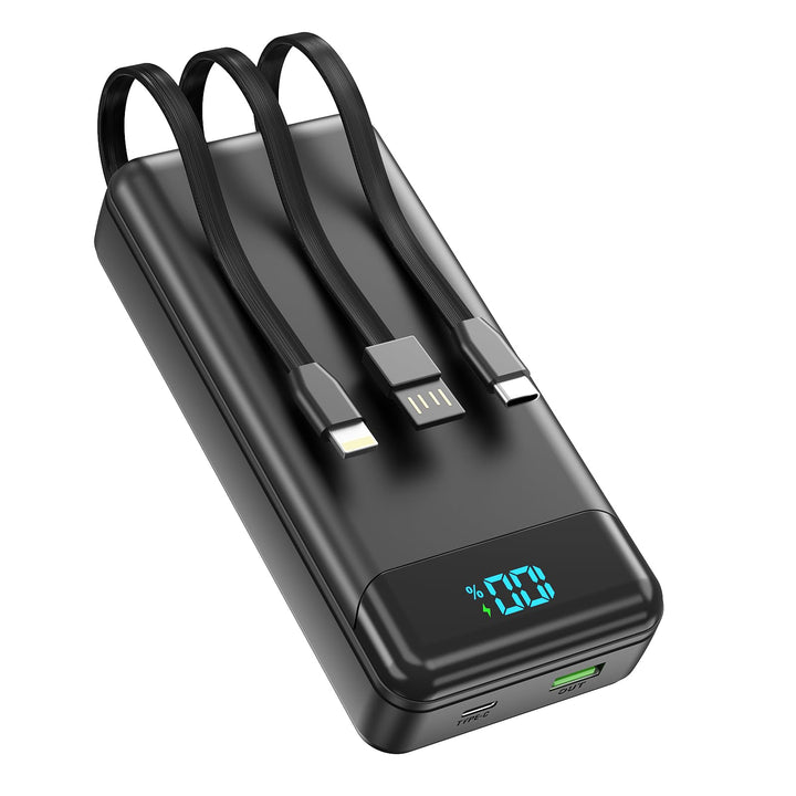 Power Bank 27000mAh, Powerbank PD 20W Schnellladen mit Integriertem USB-C Kabel, 4 Ausgänge & 3 Eing