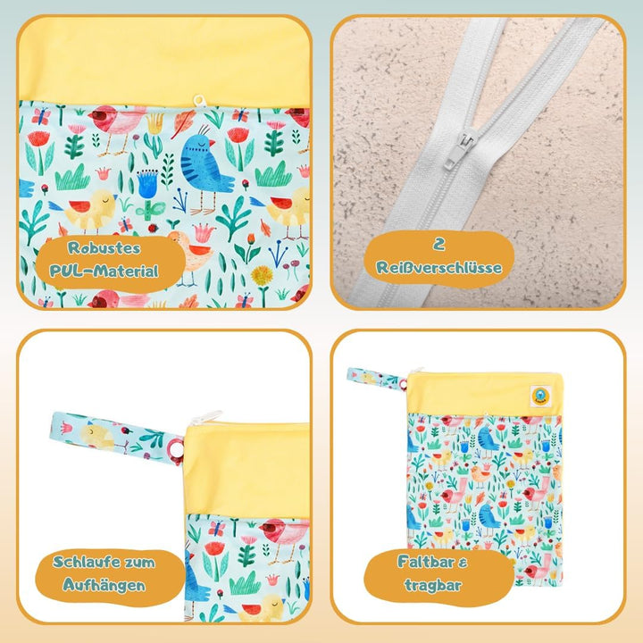 Lumina doppel Wetbag/Nasstasche mit 2 Fächern hochwertiger Zipper: Birdy Garden, Birdy Garden