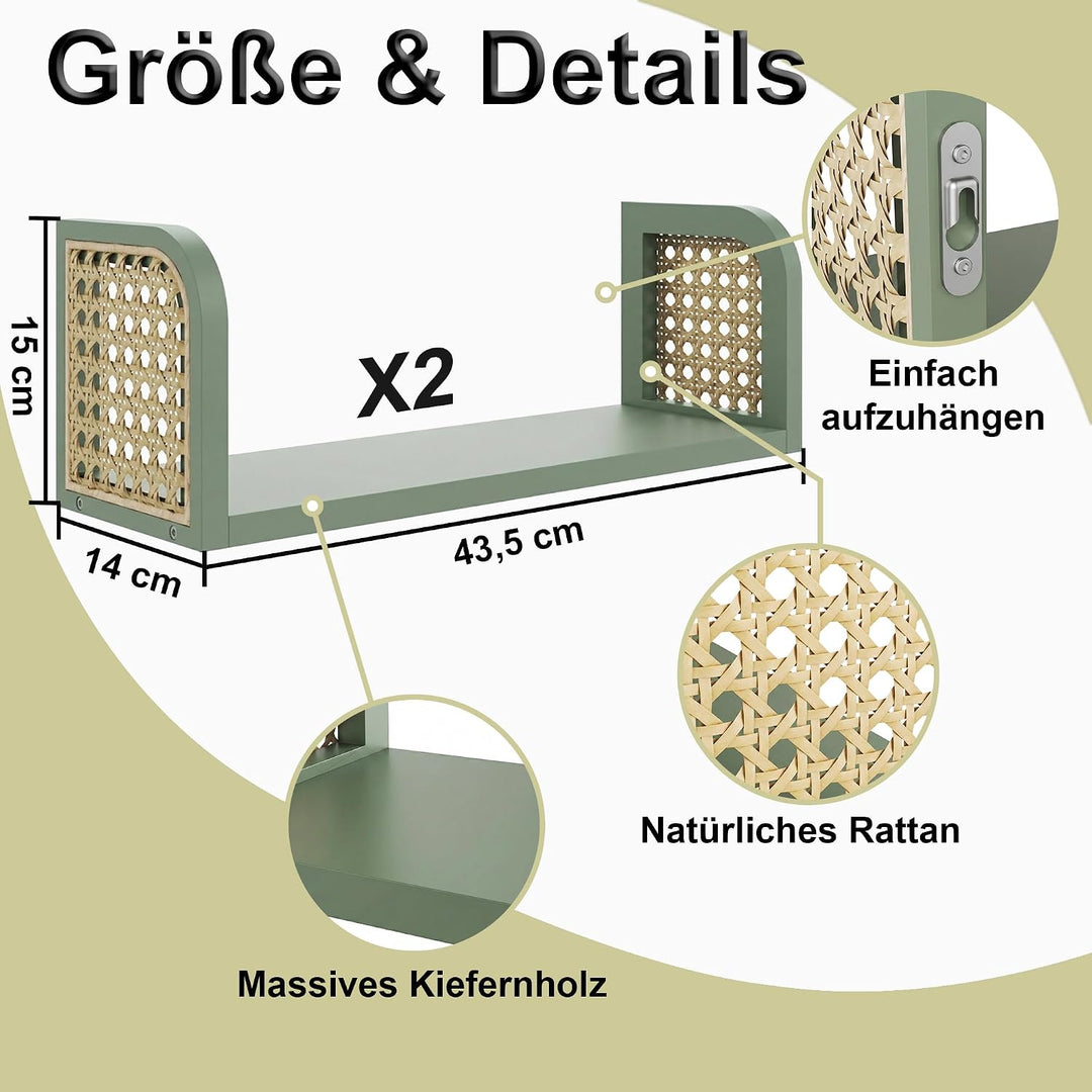 2er Set Rattanregal – Boho Wandregal &amp; Boho Deko in Grün, Hängeregal für Kinderzimmer, Wohnzimmer &amp;