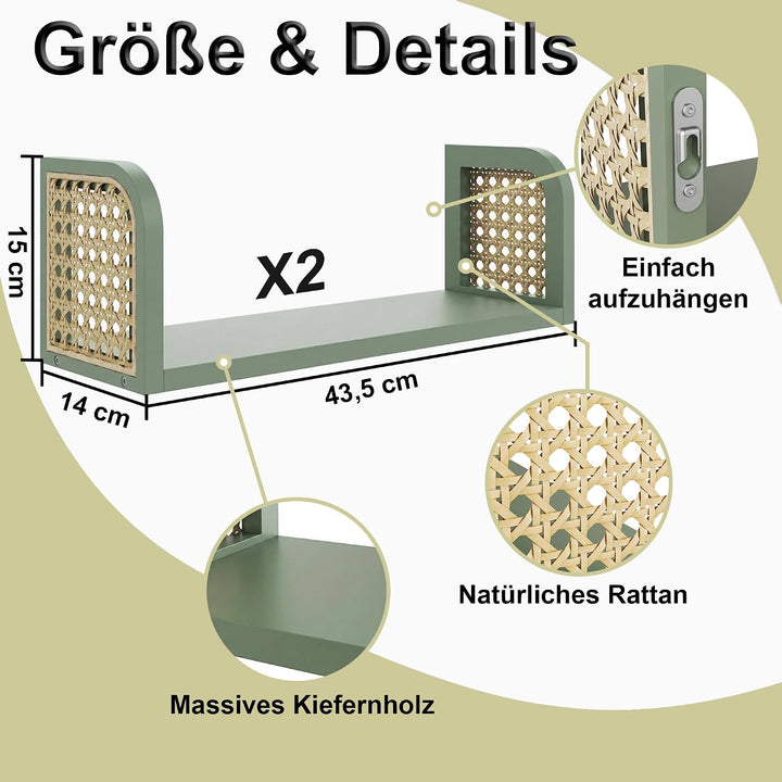 2er Set Rattanregal – Boho Wandregal &amp; Boho Deko in Grün, Hängeregal für Kinderzimmer, Wohnzimmer &amp;