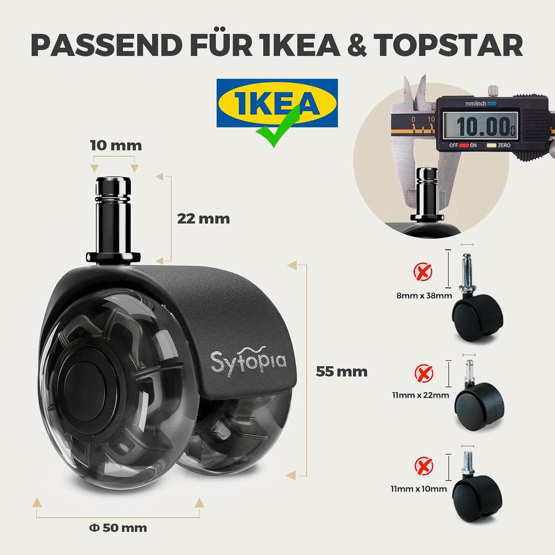 Sytopia Bürostuhl Rollen 10mm x 22 mm, Nur kompatibel mit 1KEA Stuhl (Nicht für 11mm stuhlrollen), 5