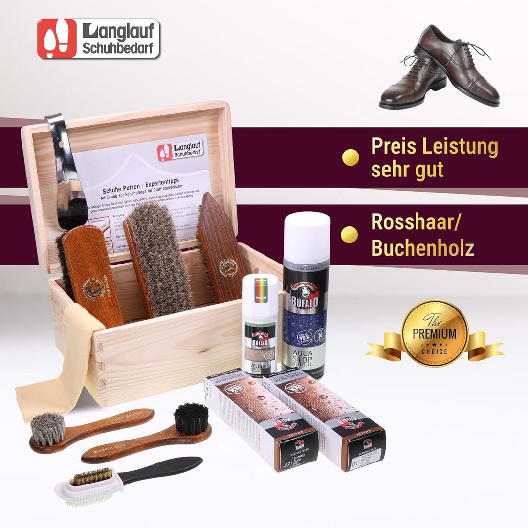 Rosshaar Schuhputzset für Leder 13tlg - Schuhputzkasten Venezia - Rosshaar Tiegelbürste und extra we