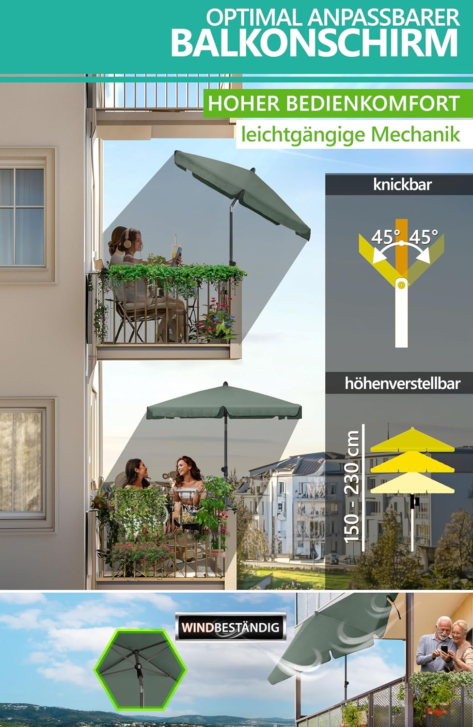 4smile Sonnenschirm Balkon SunnyShade, 200 x 125 cm, Grün - UPF 50+ Sonnenschirm rechteckig als Sonn