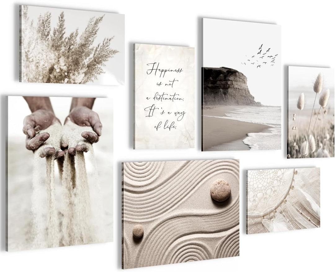 Novart Wandbilder Strand Boho - KOMPLETT AUFHÄNGFERTIG - Beige Wohnzimmer Schlafzimmer- 7 Moderne Mo