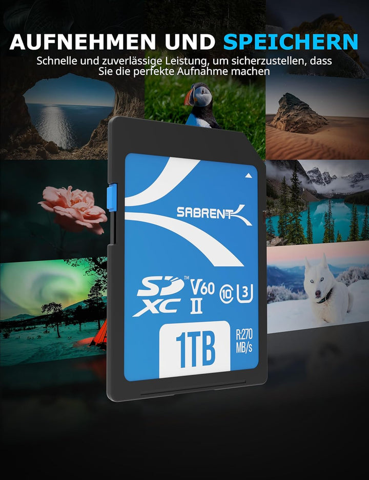 SABRENT SD Karte 1TB v60, sdxc Card uhs ii, SD Speicherkarte Class 10, u3, L270MB/s S170MB/s Full HD