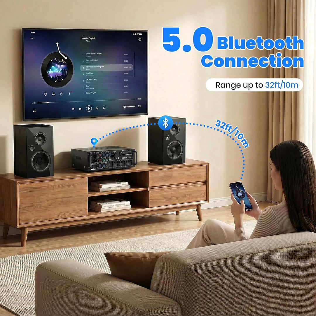 HiFi Verstärker Stereo Bluetooth Verstärker mit Fernbedienung, 2 Kanal Endstufe mit 5-Band-EQ, HiFi