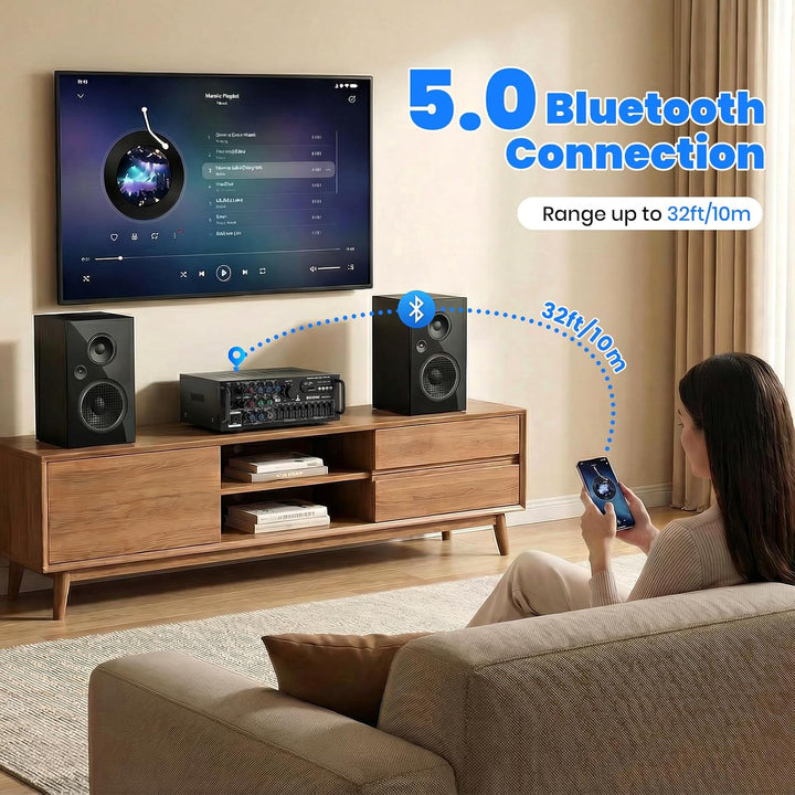 HiFi Verstärker Stereo Bluetooth Verstärker mit Fernbedienung, 2 Kanal Endstufe mit 5-Band-EQ, HiFi