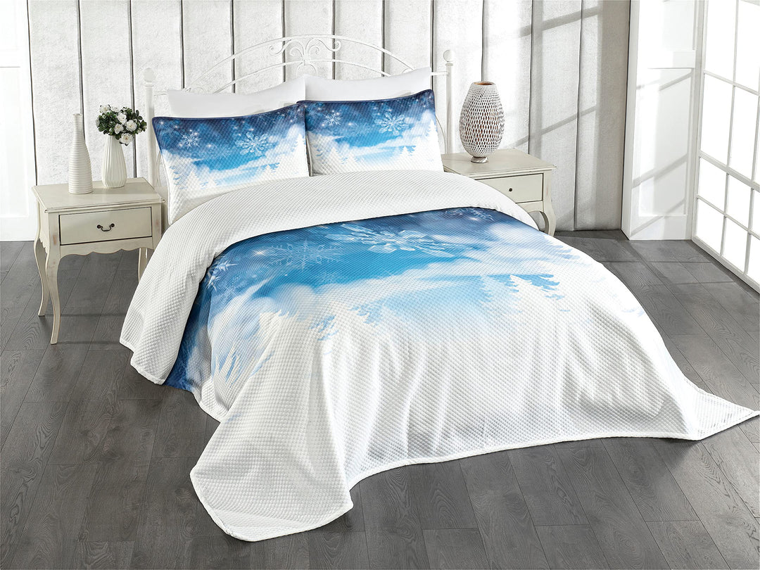 ABAKUHAUS Winter Tagesdecke Set, Schneeflocken und Sterne, Set mit Kissenbezügen Maschienenwaschbar,