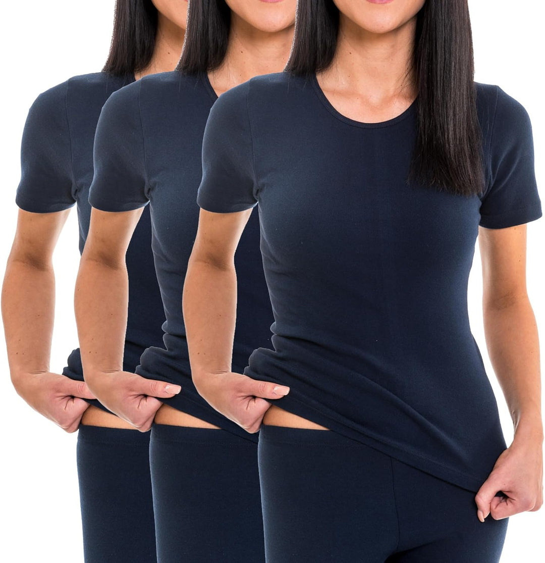 HERMKO 1800 3er Pack Damen Kurzarm Unterhemd aus 100% Bio-Baumwolle S Marine, S Marine