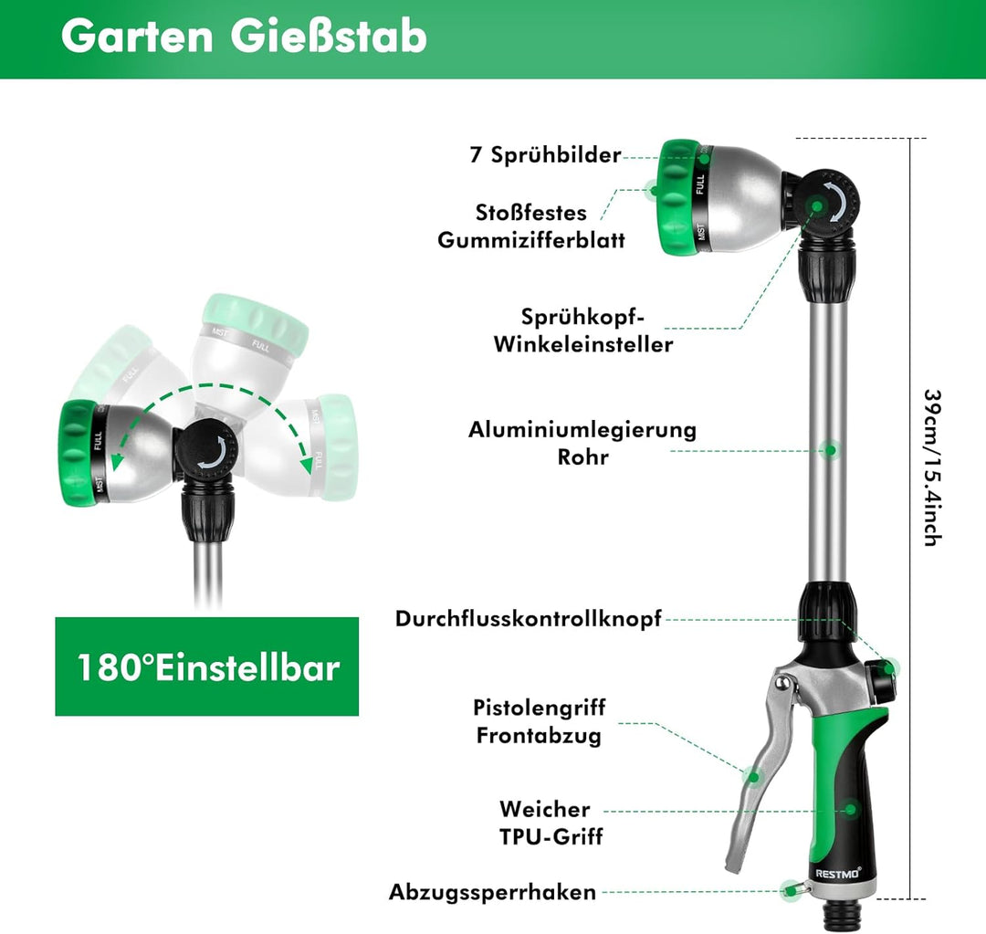 RESTMO Garten Giessstab Metall, 39cm Lang Gartenbrause mit Stiel, 180° schwenkbaren Kopf Stabbrause