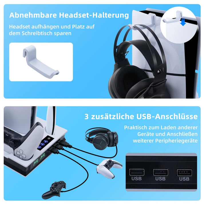 Mcbazel PS5 Pro/ PS5/ PS5 Slim Ladestation Ständer mit 3 Stufig Lüfter und Licht, PS5 Ständer Contro