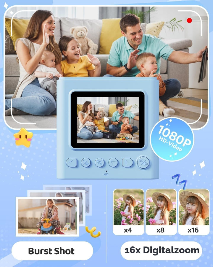 Kinderkamera Sofortbildkamera, 2,4 Zoll Sofortbildkamera Kinder mit 32G Karte und Fotopapier Drucken