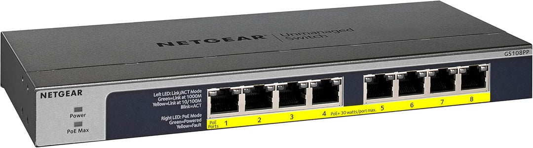 NETGEAR GS108PP PoE Switch 8 Port Gigabit Ethernet LAN Switch mit 8x PoE+ 123W (Plug-and-Play Netzwe