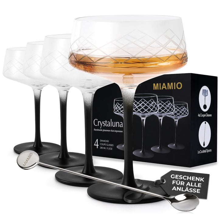 MIAMIO - 280 ml Coupe Gläser 4er Set mit Barlöffel, handgefertigte Kristall Cocktailgläser mit schwa