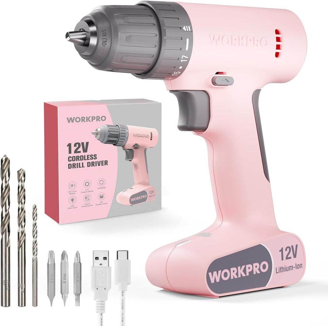 WORKPRO Akkuschrauber 12V, Akku Bohrschrauber 19NM Drehmoment, 3/8" Bohrfutter, 17+1 Drehmomenteinst