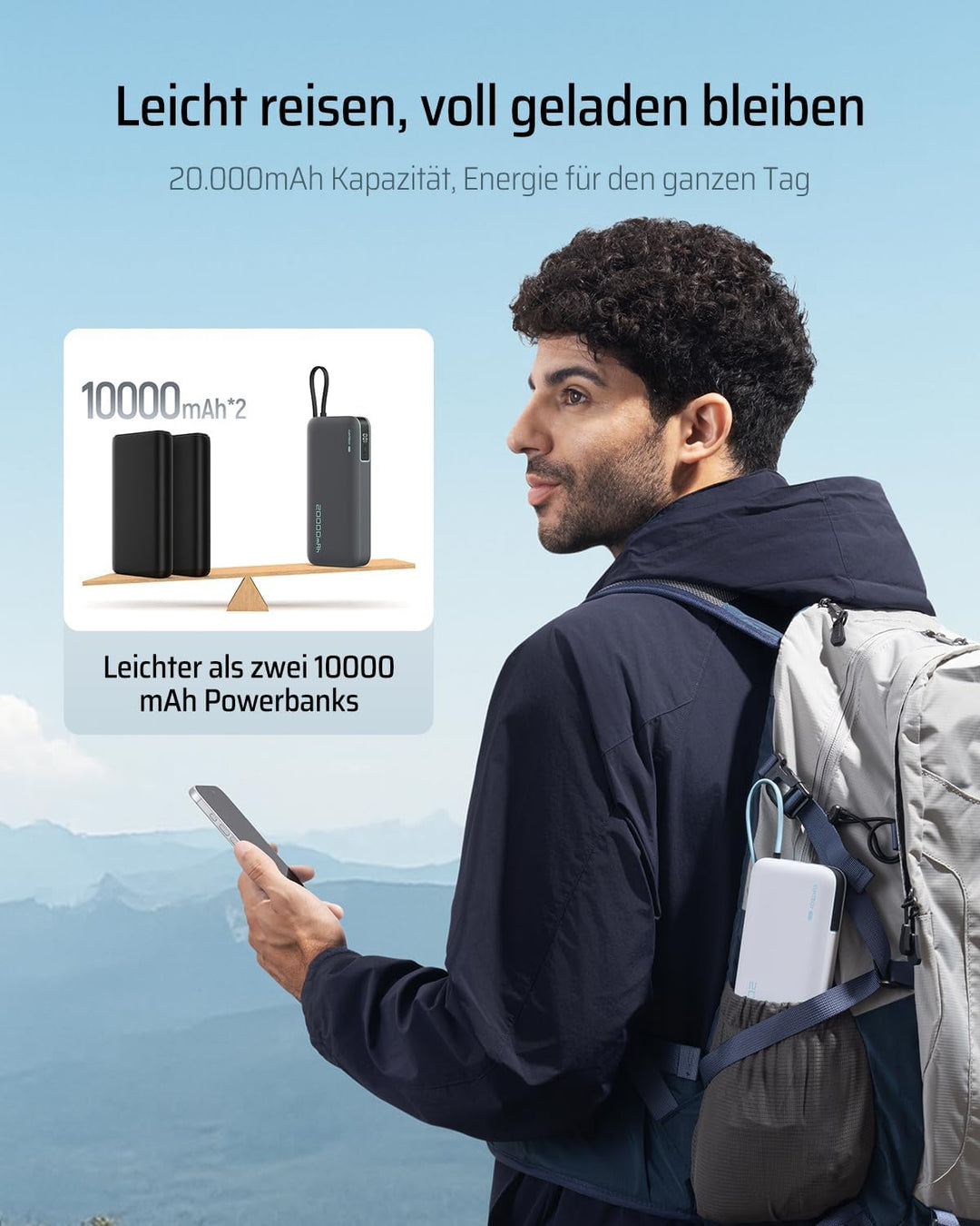 CUKTECH 20000mah Power Bank, 45W Powerbank mit Integriertem USB-C Kabel, Externe Handyakkus mit Schn