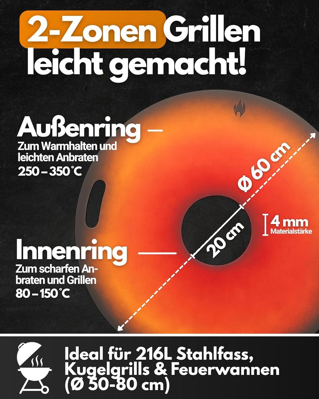 Feuerfest 123 Grillplatte rund I Ø 60cm I Feuerplatte aus Feinkorn-Stahl I Massive Plancha-Platte mi