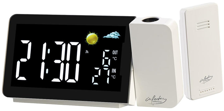 infactory Projektions Funkwecker: Funk-Wetterstation mit Projektionswecker, Aussensensor, USB-Port,