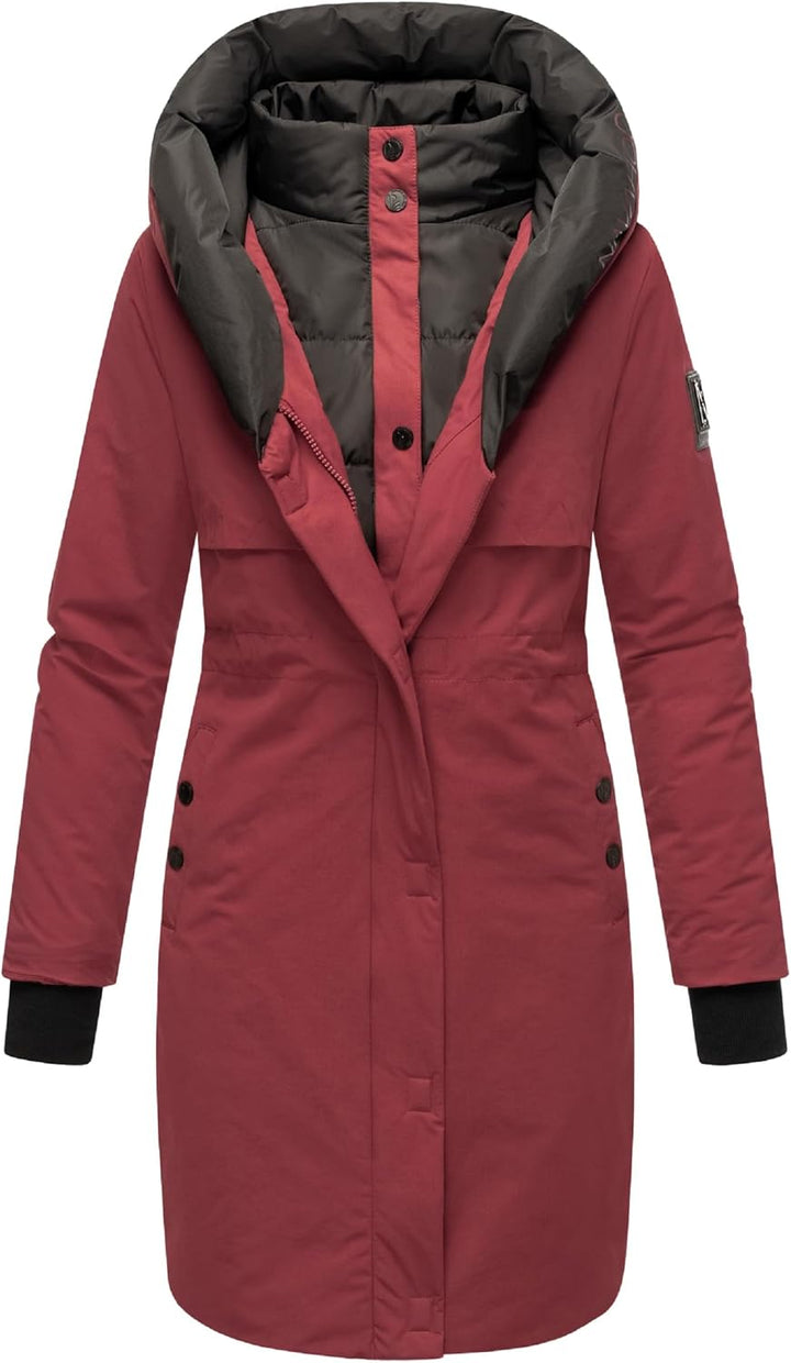 Navahoo Damen Mantel Lange warme Winter Steppjacke mit Kapuze Snowelf XS-XXL L Bordeaux, L Bordeaux