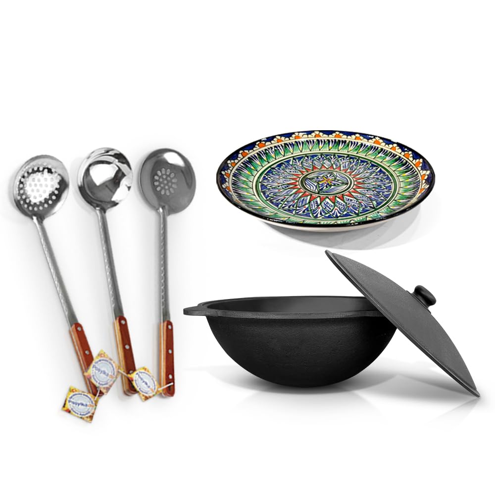 Set - Usbekischer Gusseisen Kasan 10 L runder Boden, Deckel aus Aluminiumguss Schaumlöffel 48 cm Sch