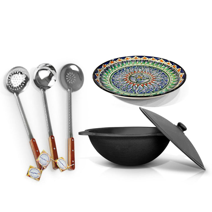 Set - Usbekischer Gusseisen Kasan 10 L runder Boden, Deckel aus Aluminiumguss Schaumlöffel 48 cm Sch